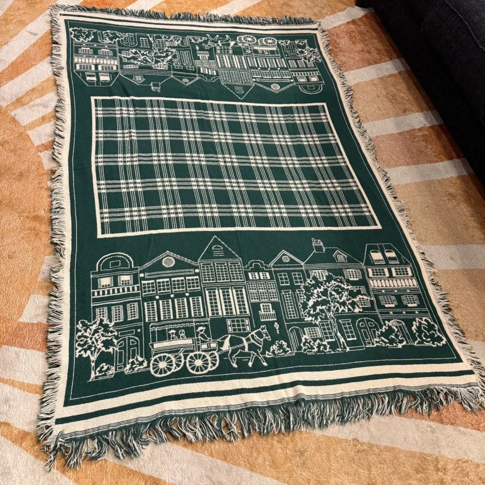 Charleston SC Woven Tapestry Throw Blanket Green Fringe Cotton Colonial Decor
